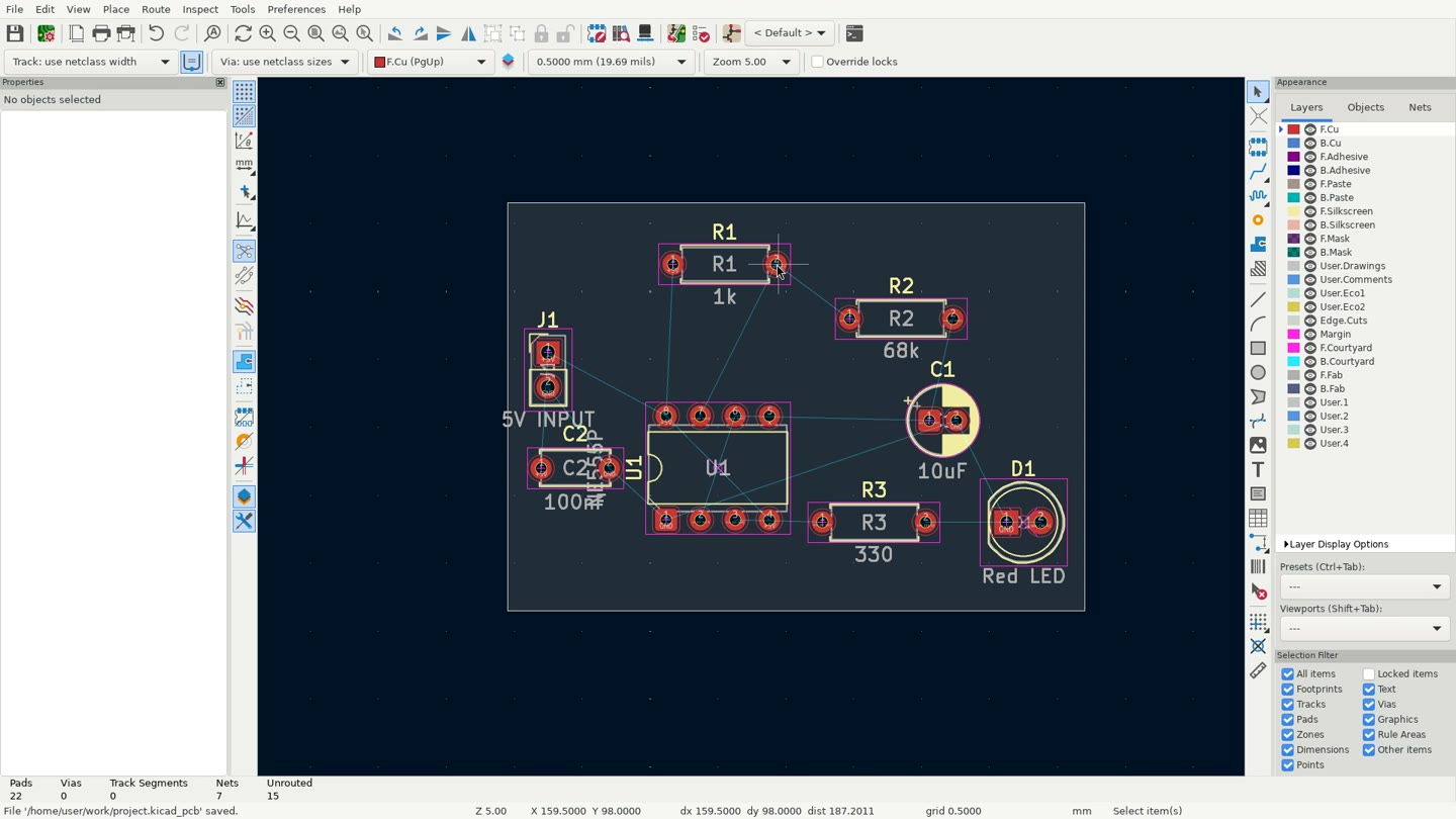 KiCad desktop showing an electronics design workflow
